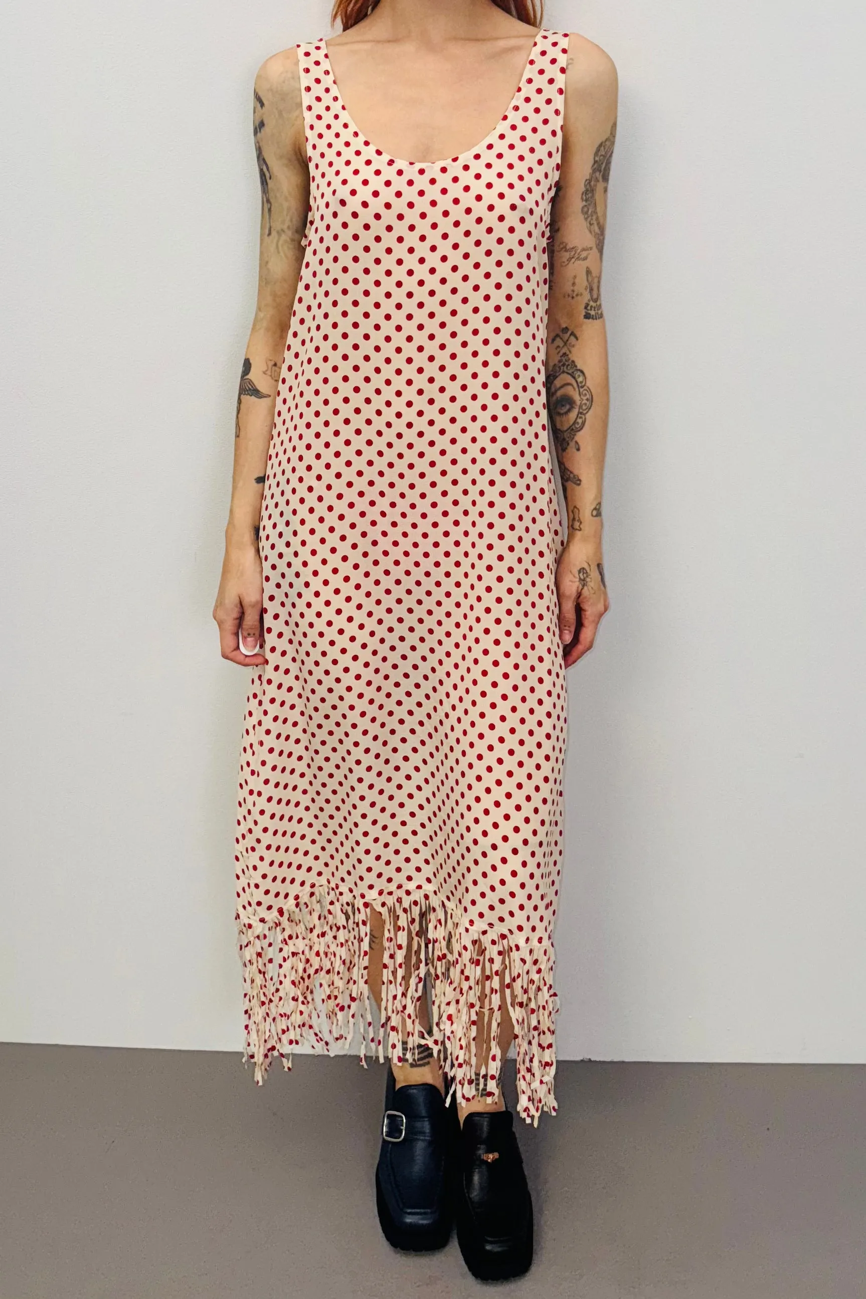 SAMPLE #391 - S Cream Polka Dot SILK Fringe Dress sold by Fashion Brand Company
