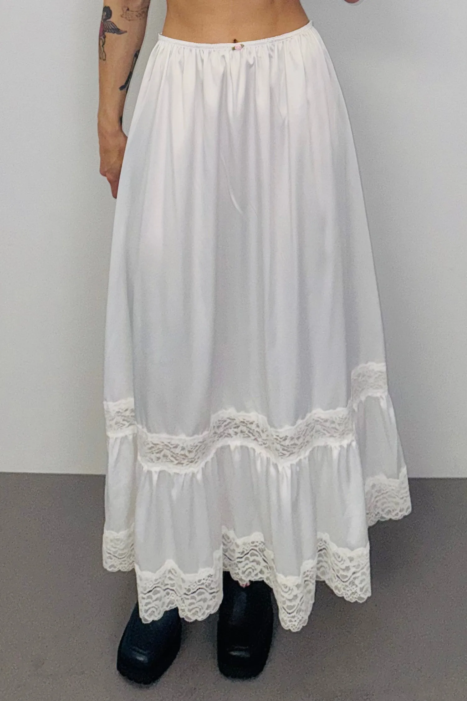 SAMPLE #388 - S White Satin Midi Skirt sold by Fashion Brand Company