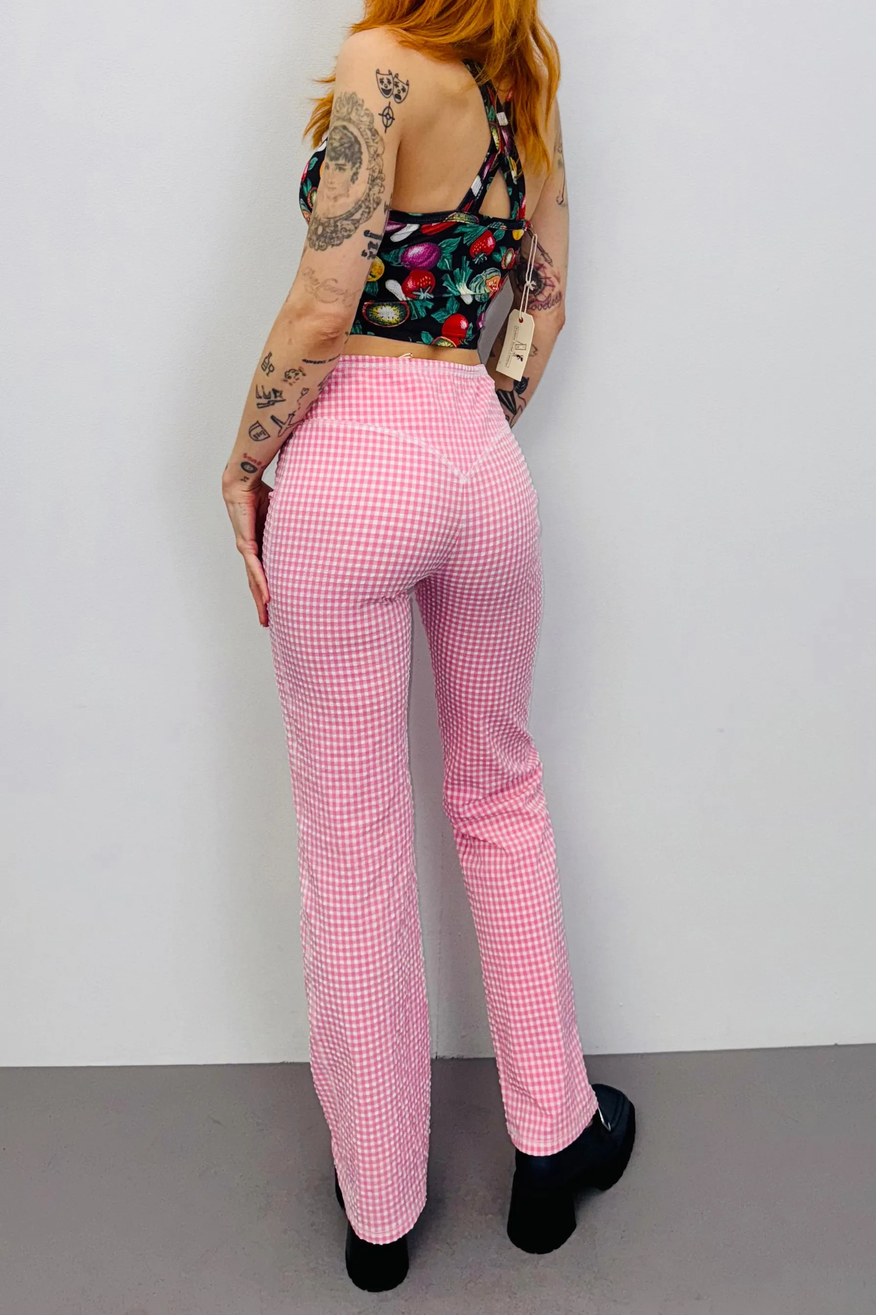SAMPLE #416 - S Pink Poly Seersucker V Back Pants sold by Fashion Brand Company