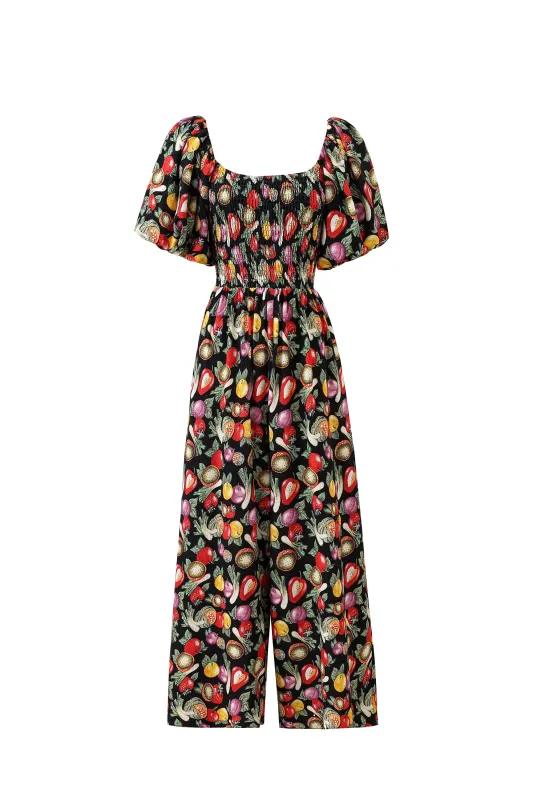 4 left.- Soft Linen Smocked Jumpsuit Vegetable Medley made by Fashion Brand Company