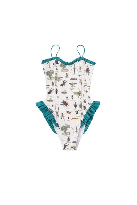 2 left- IMPERFECT Worst Bugs Ruffle Swimsuit made by Fashion Brand Company