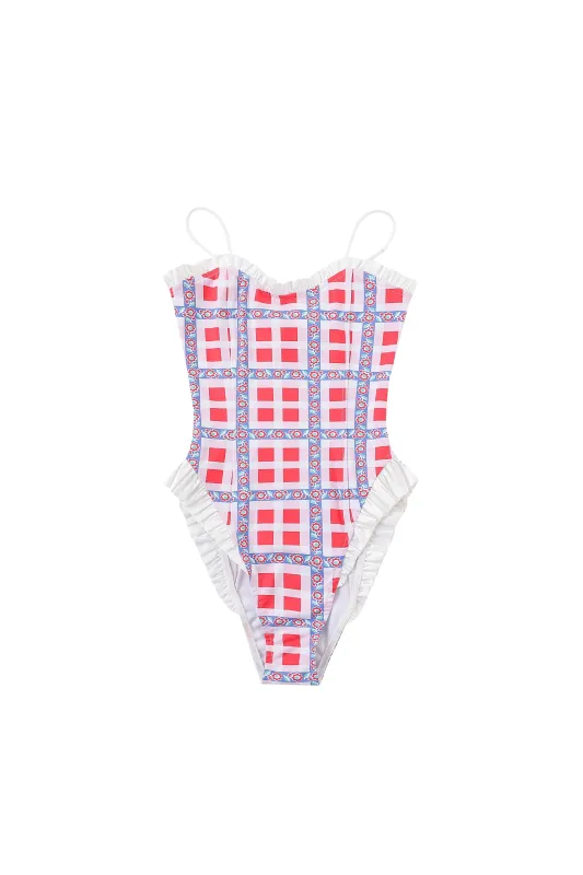 3 left - Imperfect Gingham Ribbon Plaid Ruffle Swimsuit made by Fashion Brand Company