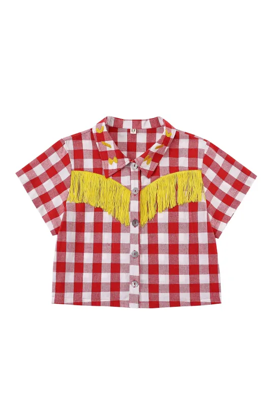 5 left - Spaghetti Western Fringe Blouse Red Gingham made by Fashion Brand Company