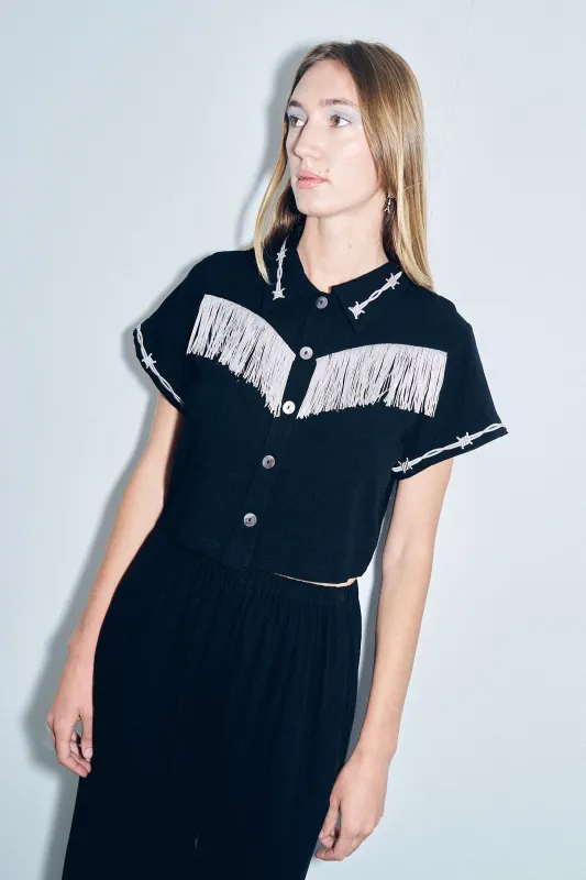 Soft Linen Pammy Fringe Blouse Black sold by Fashion Brand Company
