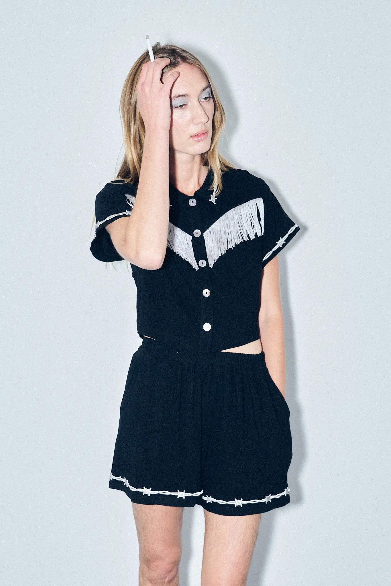 Soft Linen Pammy Fringe Blouse Black sold by Fashion Brand Company product image thumbnail 3