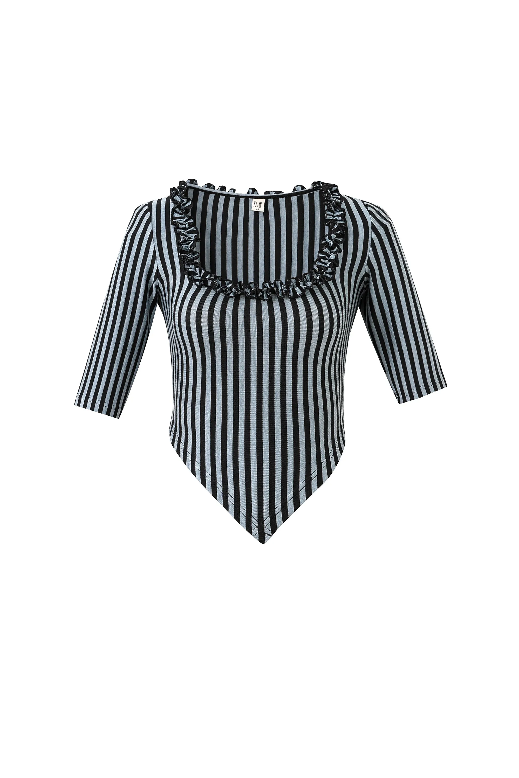 Ruffled Scoop Neck Crop V Top Blue Stripe sold by Fashion Brand Company