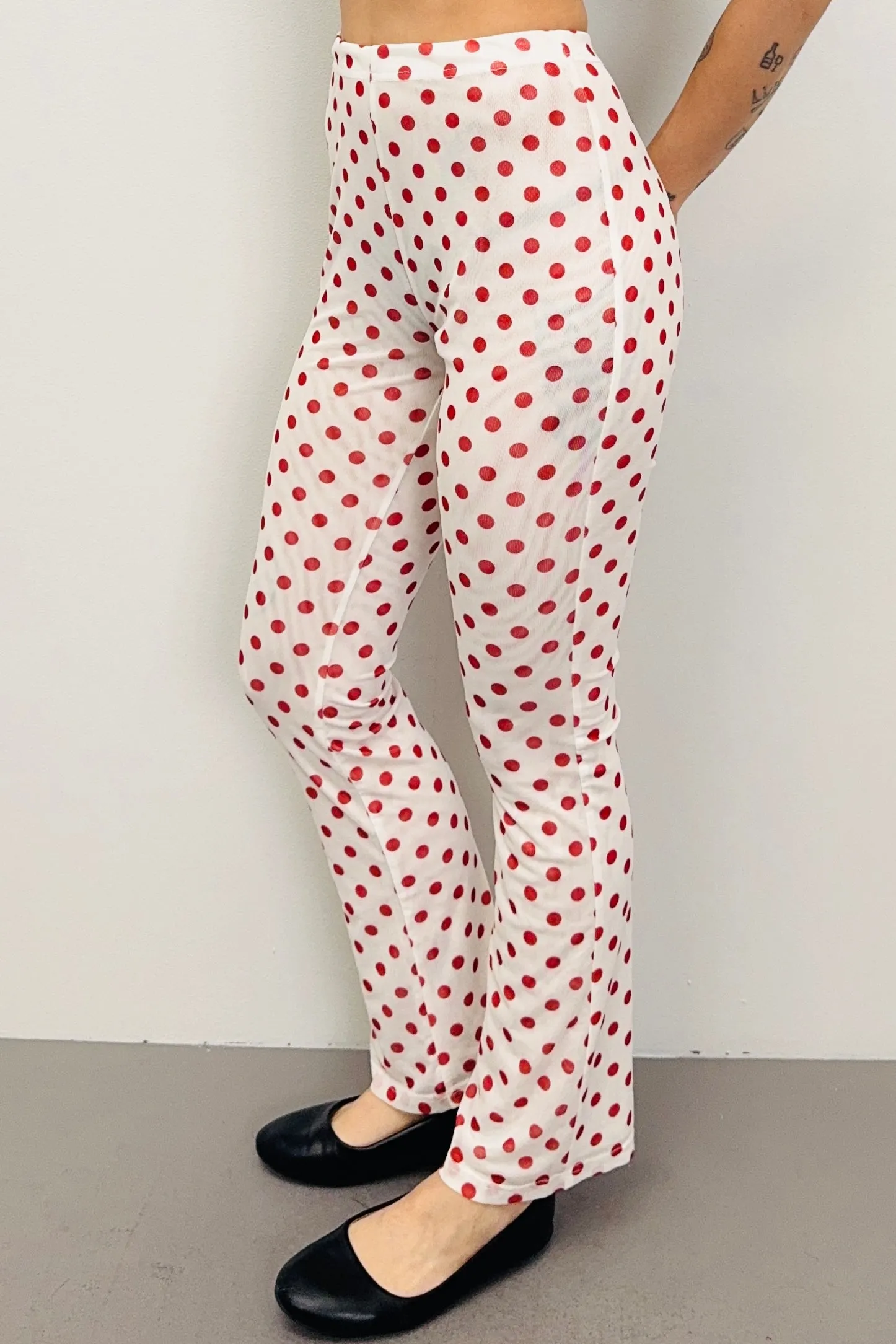 SAMPLE #527 - S Red Polka Dot Mesh Pants sold by Fashion Brand Company