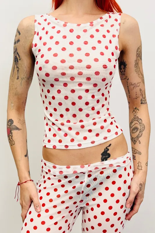 SAMPLE #518 - S Red Polka Dot Mesh Tank sold by Fashion Brand Company