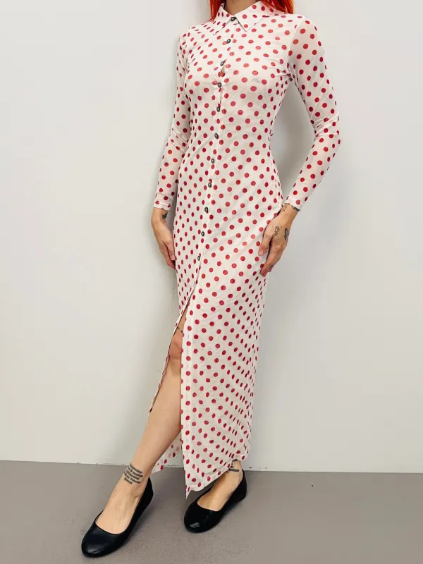 SAMPLE #510 - S Red Polka Dot Mesh Maxi sold by Fashion Brand Company