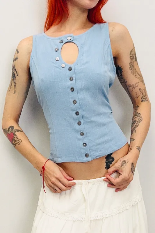 SAMPLE #457 - S Blue Linen Unbuttoned Tank sold by Fashion Brand Company