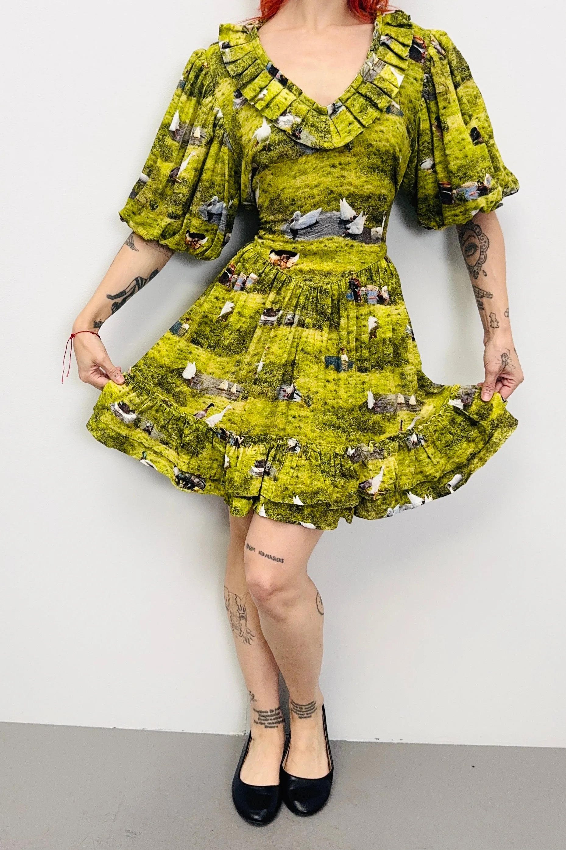 SAMPLE #471 - S/M Soft Linen Ruffle Mini Dress Ducks sold by Fashion Brand Company