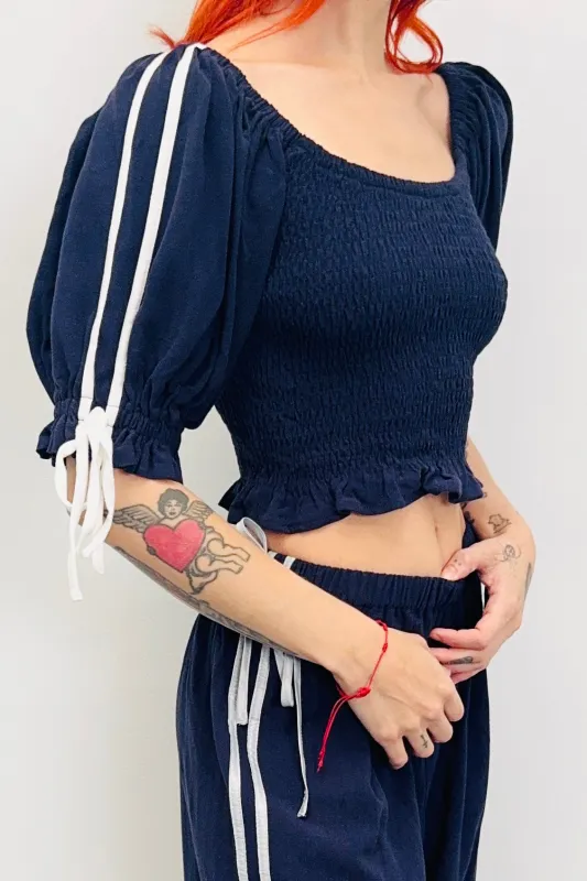 SAMPLE #481 - S Navy Sport Smock Blouse silver ribbon made by Fashion Brand Company