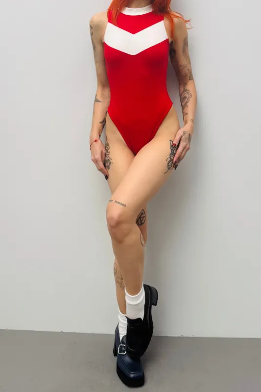 SAMPLE #591 - XS/S Red White Tencel Cheer Bodysuit sold by Fashion Brand Company