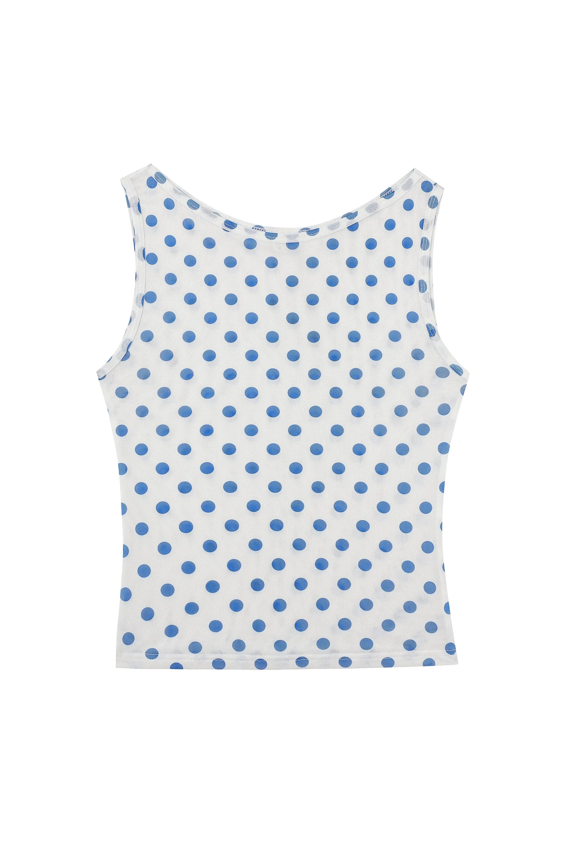 1.left- Boat Neck Mesh Shift Tank Blue Polka Dot sold by Fashion Brand Company product image thumbnail 2