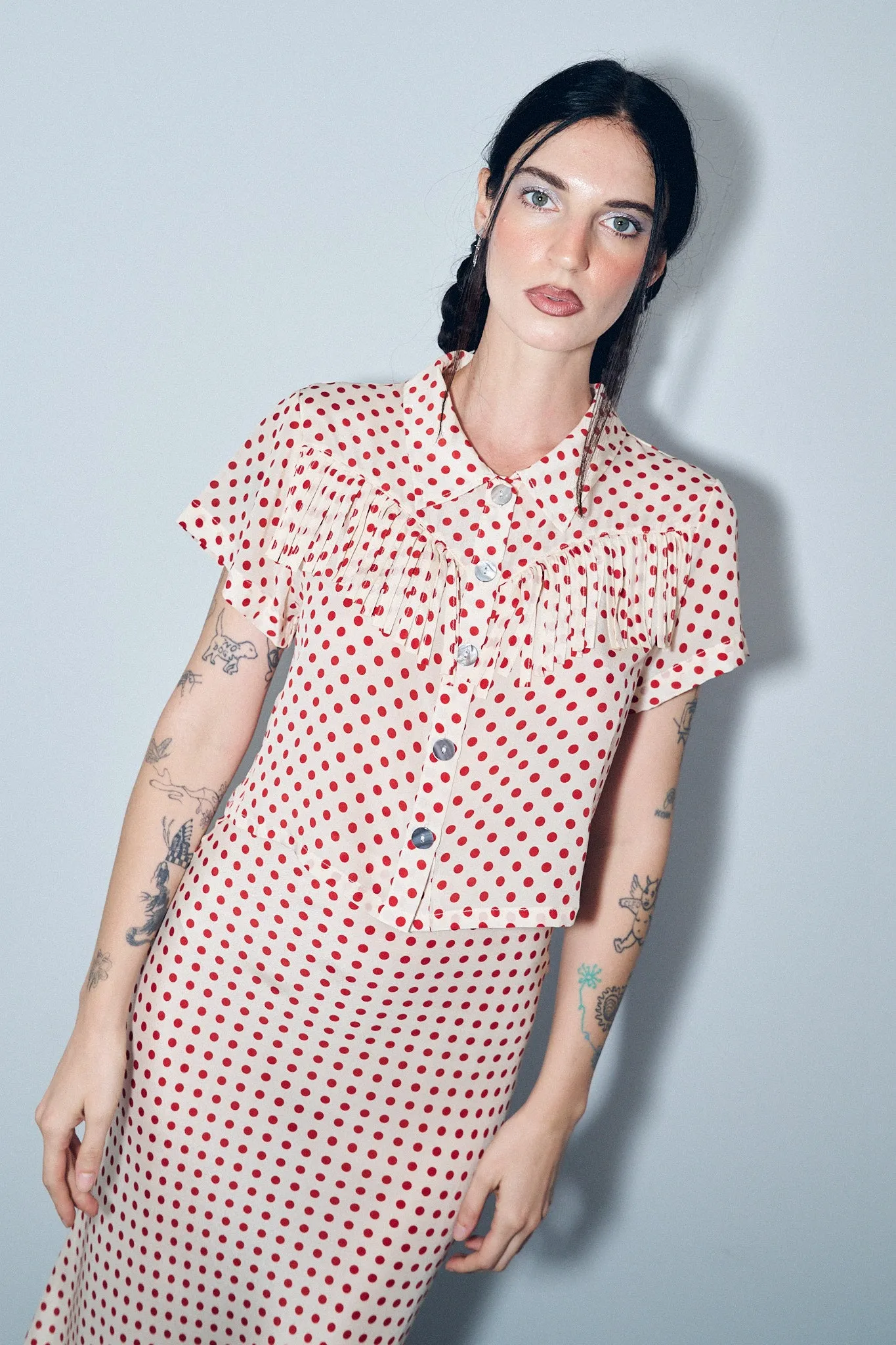 Silk Fringe Blouse Red Polka Dot sold by Fashion Brand Company product image thumbnail 4