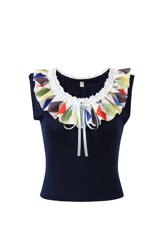 1 left - Wool Blend Ruffle Collar Clown Crop Tee Navy made by Fashion Brand Company
