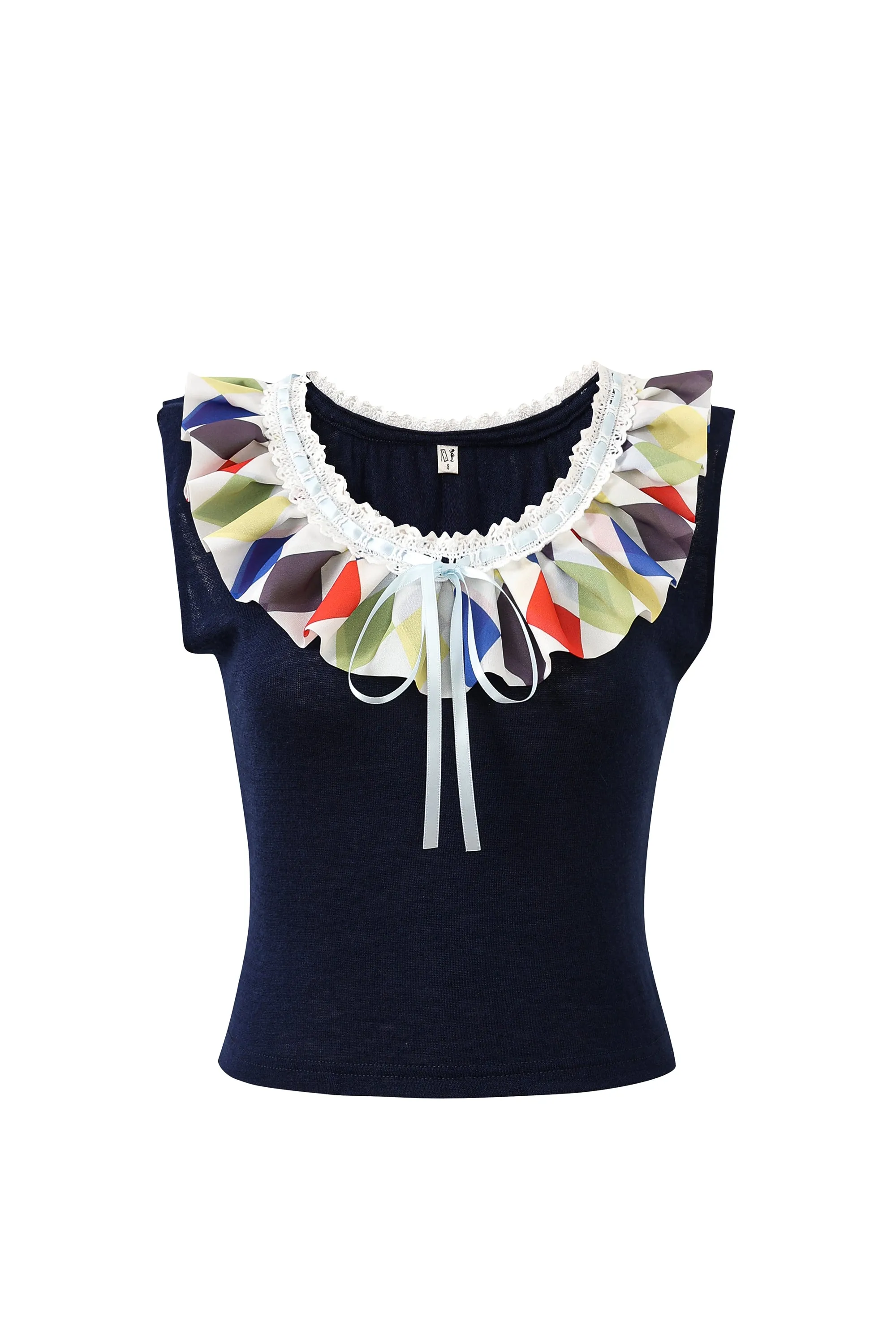 1 left - Wool Blend Ruffle Collar Clown Crop Tee Navy sold by Fashion Brand Company