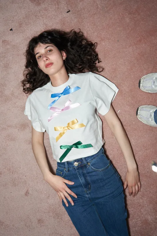Satin Bow Crop Tommy Tee White sold by Fashion Brand Company