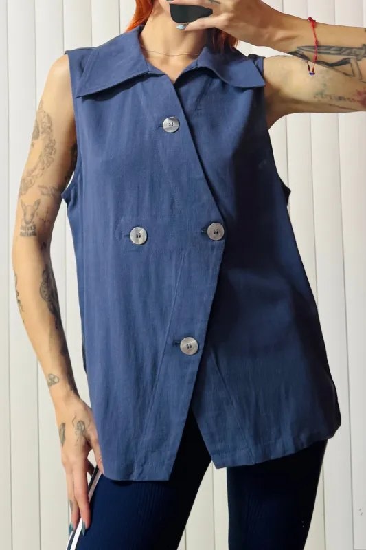 SAMPLE #609 - M Blue Linen Button Blouse made by Fashion Brand Company