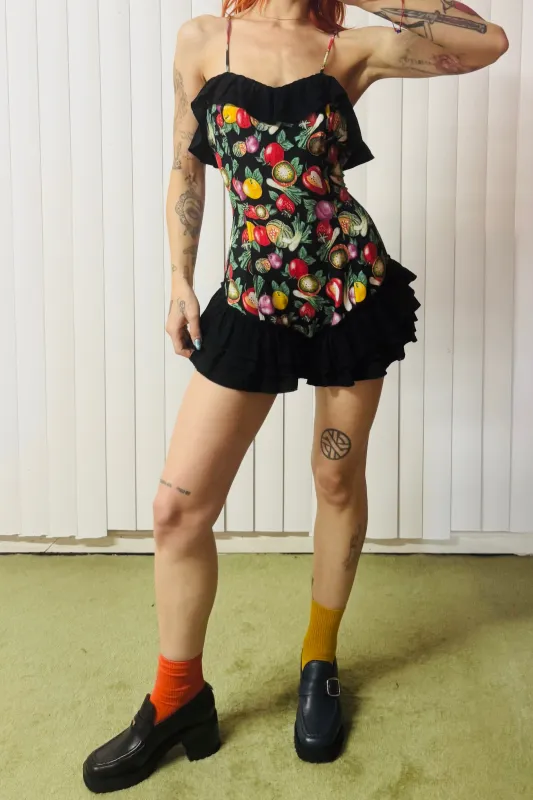 SAMPLE #623 - S Black Vegetable Medley Ruffle Mini Romper made by Fashion Brand Company