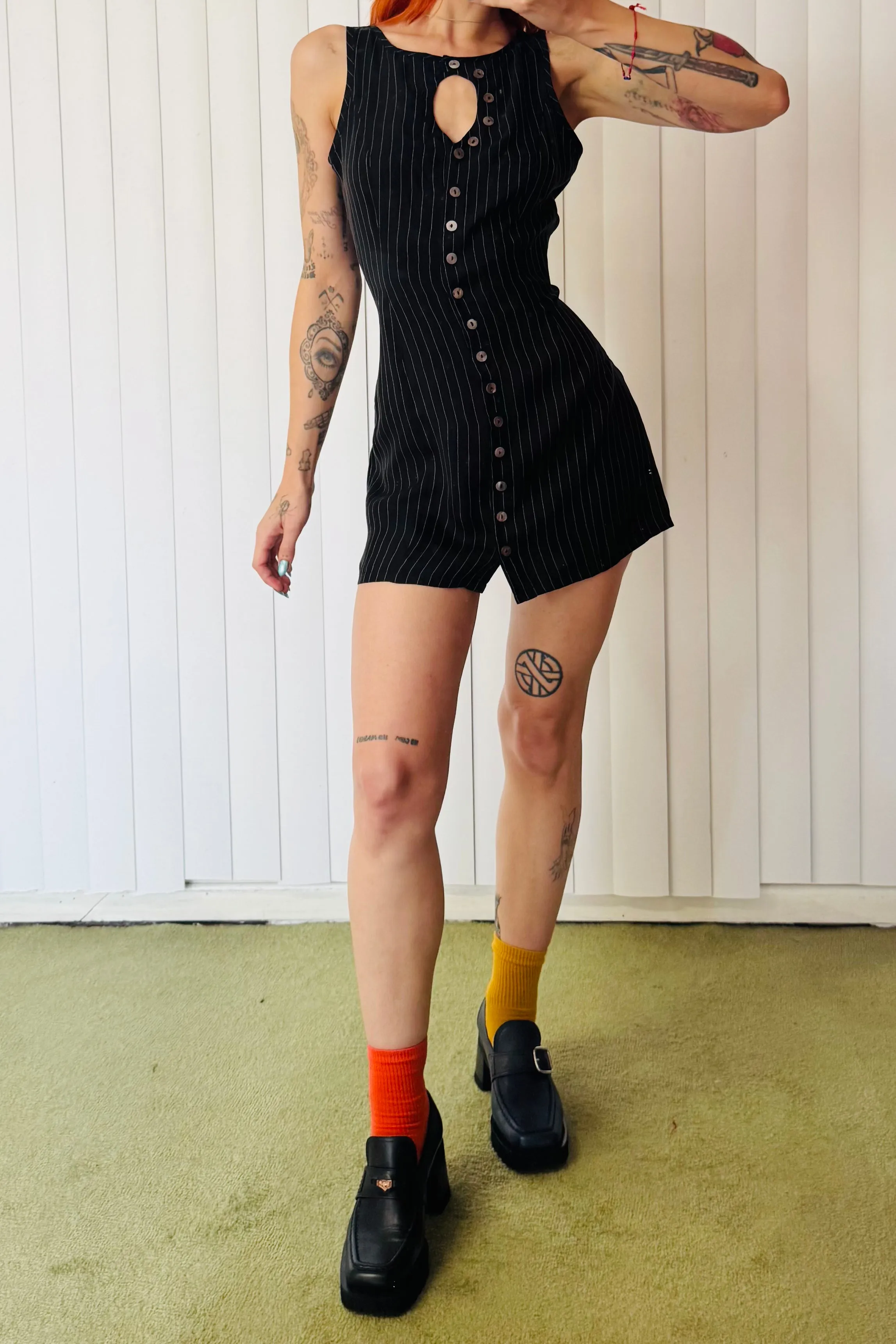 SAMPLE #635 - S Black Stripe Tencel Unbuttoned Mini Dress sold by Fashion Brand Company