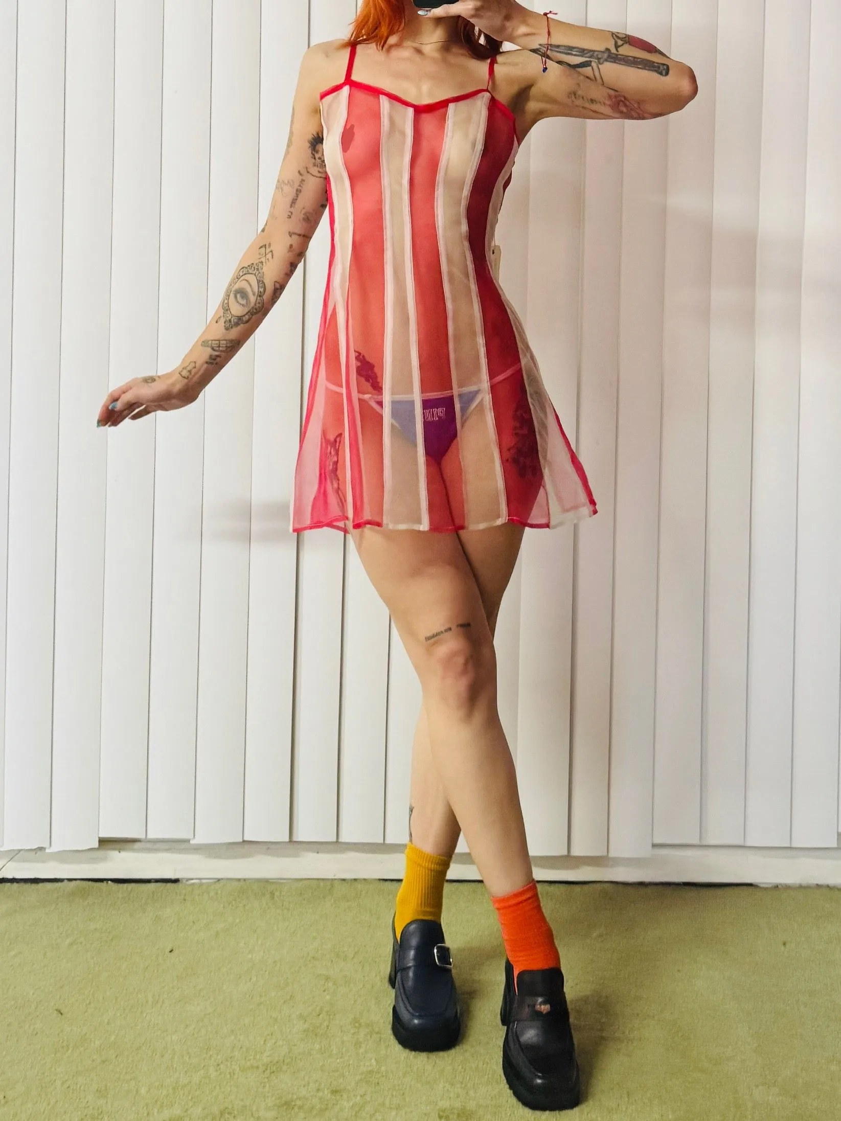 SAMPLE #628 - S Red/White Stripe Silk Mini Dress sold by Fashion Brand Company