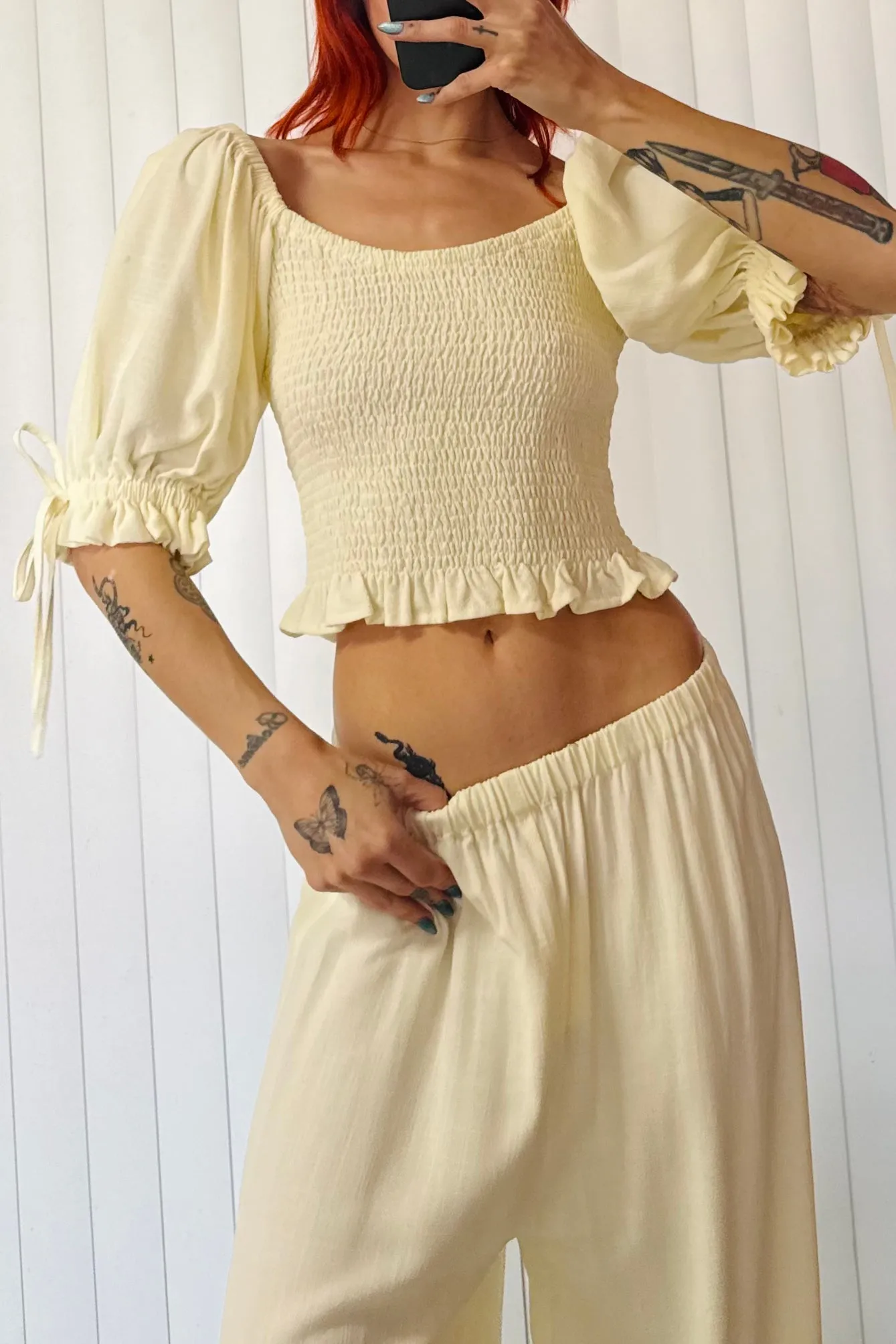 SAMPLE #664 - M Cream Linen Smocked Top sold by Fashion Brand Company