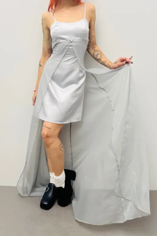 SAMPLE #600 - S Silver Cape Prom Dress made by Fashion Brand Company