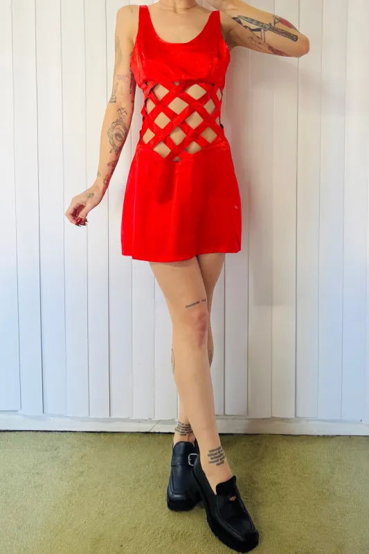 SAMPLE #787 - S Red Silk Lattice Mini Dress made by Fashion Brand Company