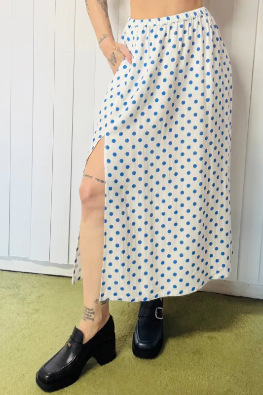 SAMPLE #777 - S Blue Polka Dot Soft Linen long Skirt made by Fashion Brand Company
