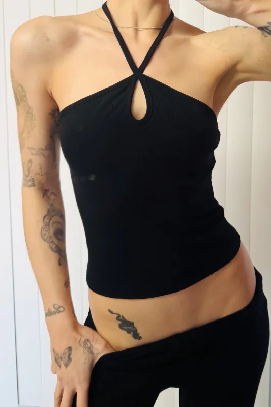 SAMPLE #773 - S Black Tencel Tie Halter Top made by Fashion Brand Company