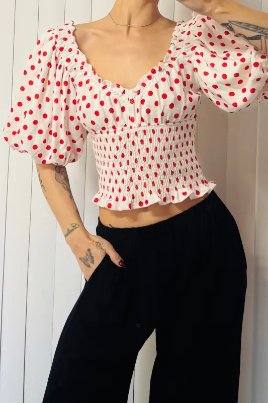 SAMPLE #763 - S Polka Dot Soft Linen Smock Blouse sold by Fashion Brand Company