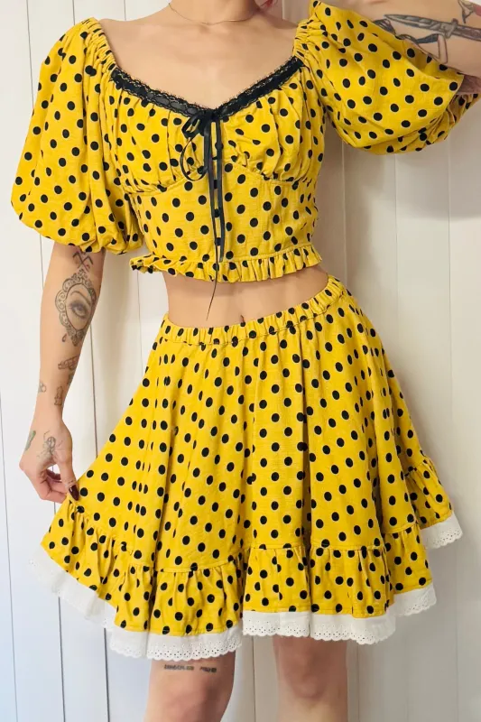 SAMPLE #738 - S Yellow Polka Dot Smock Bow Blouse made by Fashion Brand Company