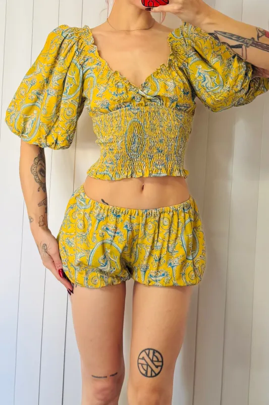 SAMPLE #701 - S Yellow Brocade Soft Linen Smock Blouse made by Fashion Brand Company