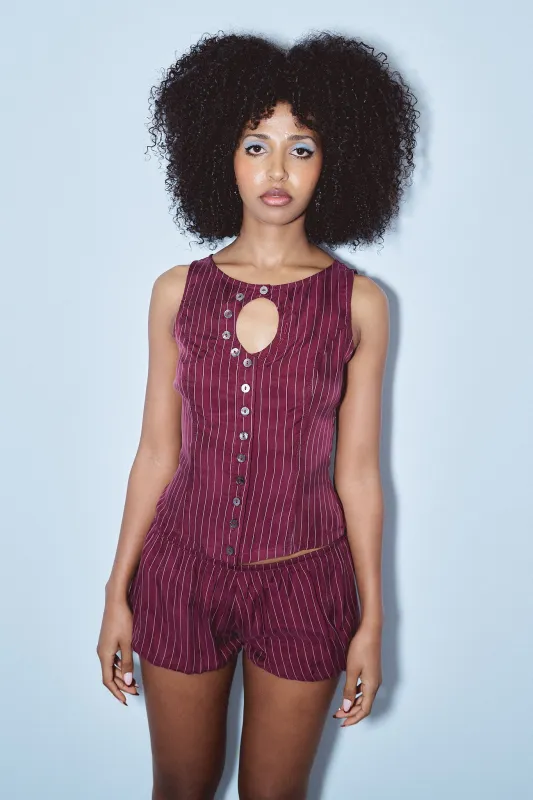 Unbuttoned Tank Maroon Stripe Tencel sold by Fashion Brand Company