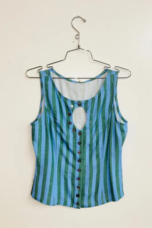 SAMPLE #743 - S Blue Striped Soft Linen Unbutton Tank made by Fashion Brand Company