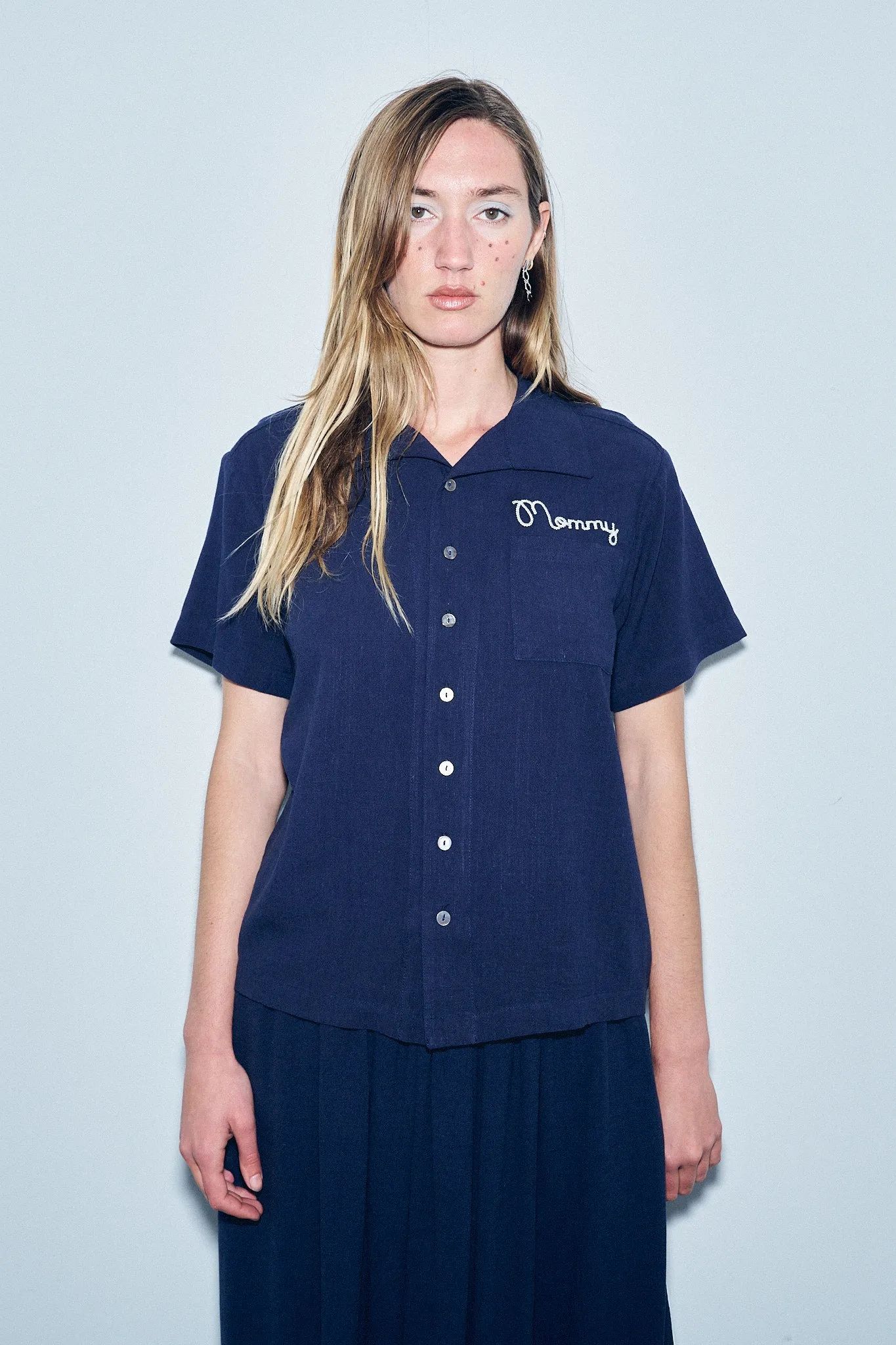 Unisex Mommy Bowling Shirt Navy Linen sold by Fashion Brand Company product image thumbnail 5