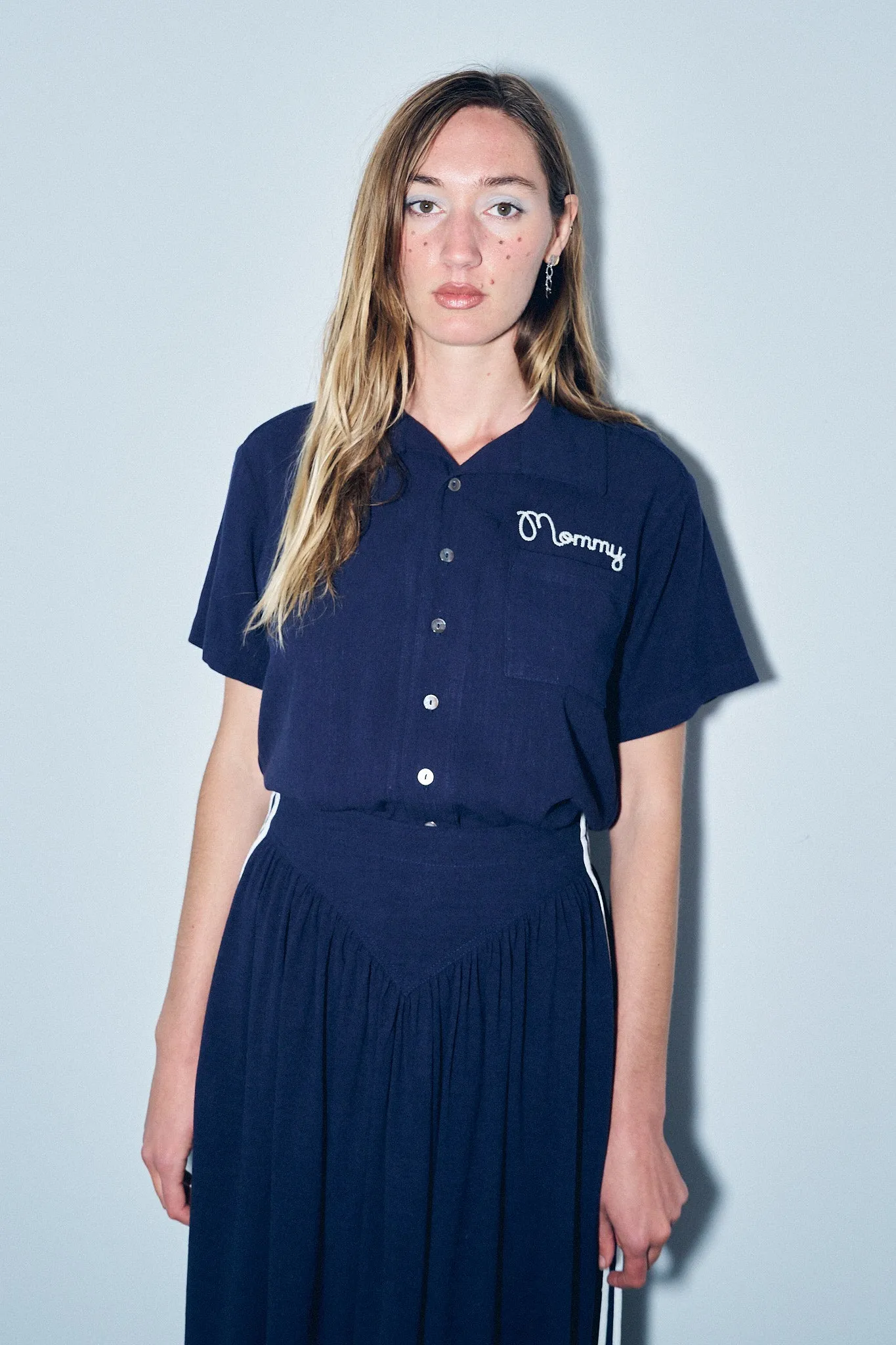 Unisex Mommy Bowling Shirt Navy Linen sold by Fashion Brand Company product image thumbnail 3
