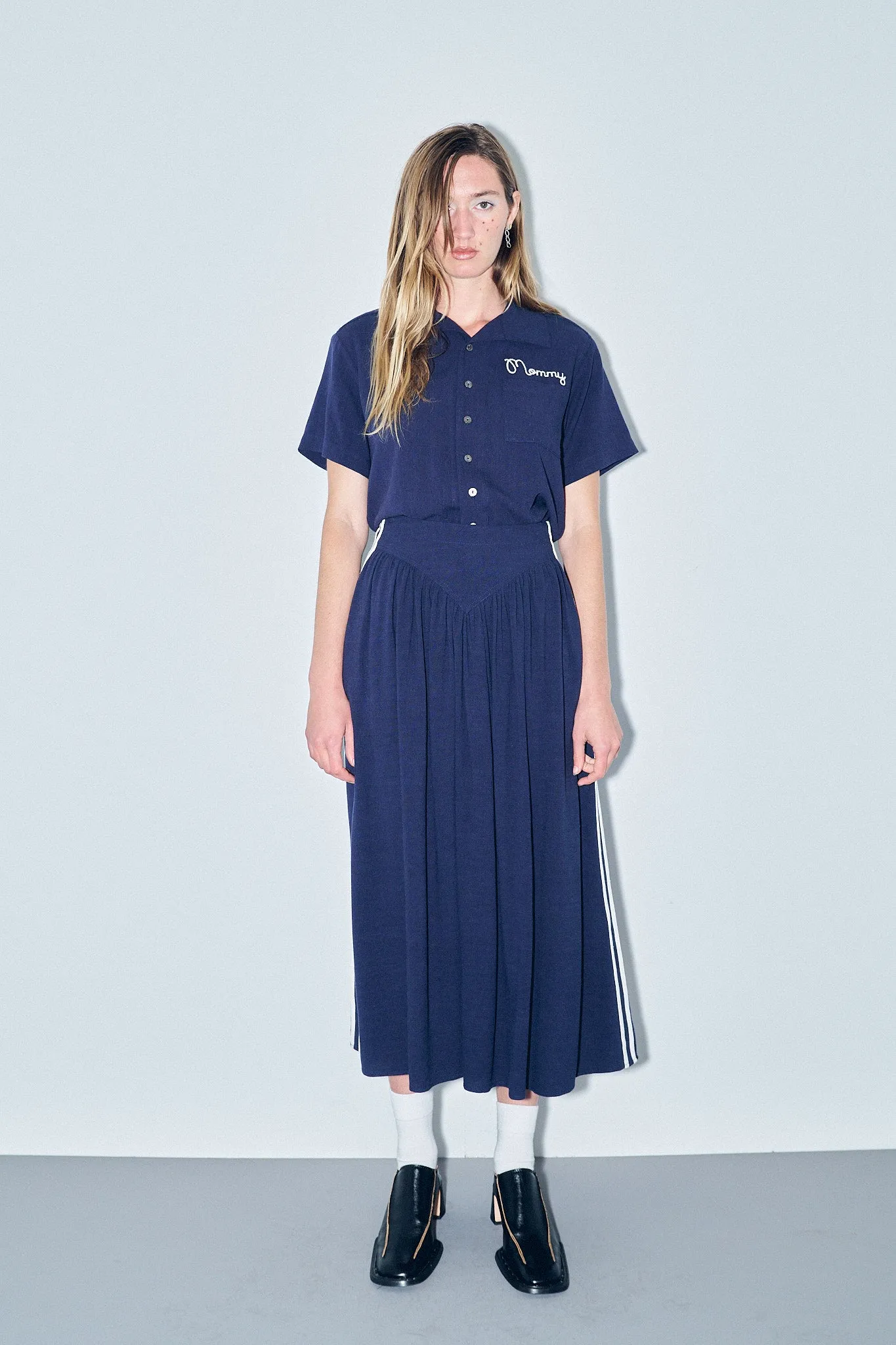 Unisex Mommy Bowling Shirt Navy Linen sold by Fashion Brand Company product image thumbnail 4