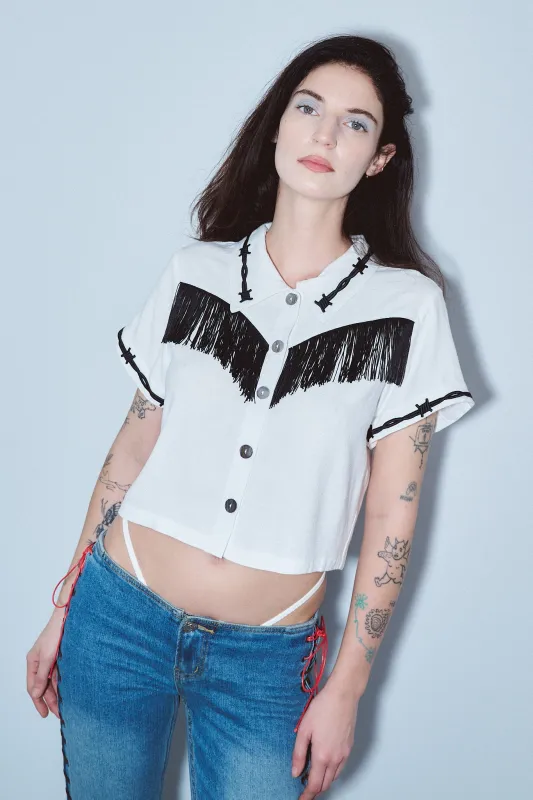 Soft Linen Pammy Fringe Blouse White made by Fashion Brand Company