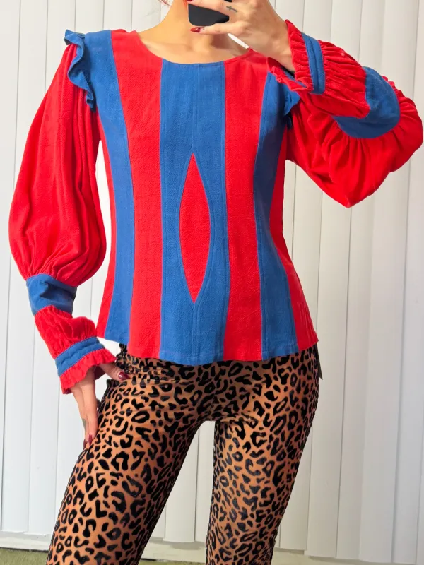 SAMPLE #825 - S Blue and Red Bishop Sleeve Top made by Fashion Brand Company