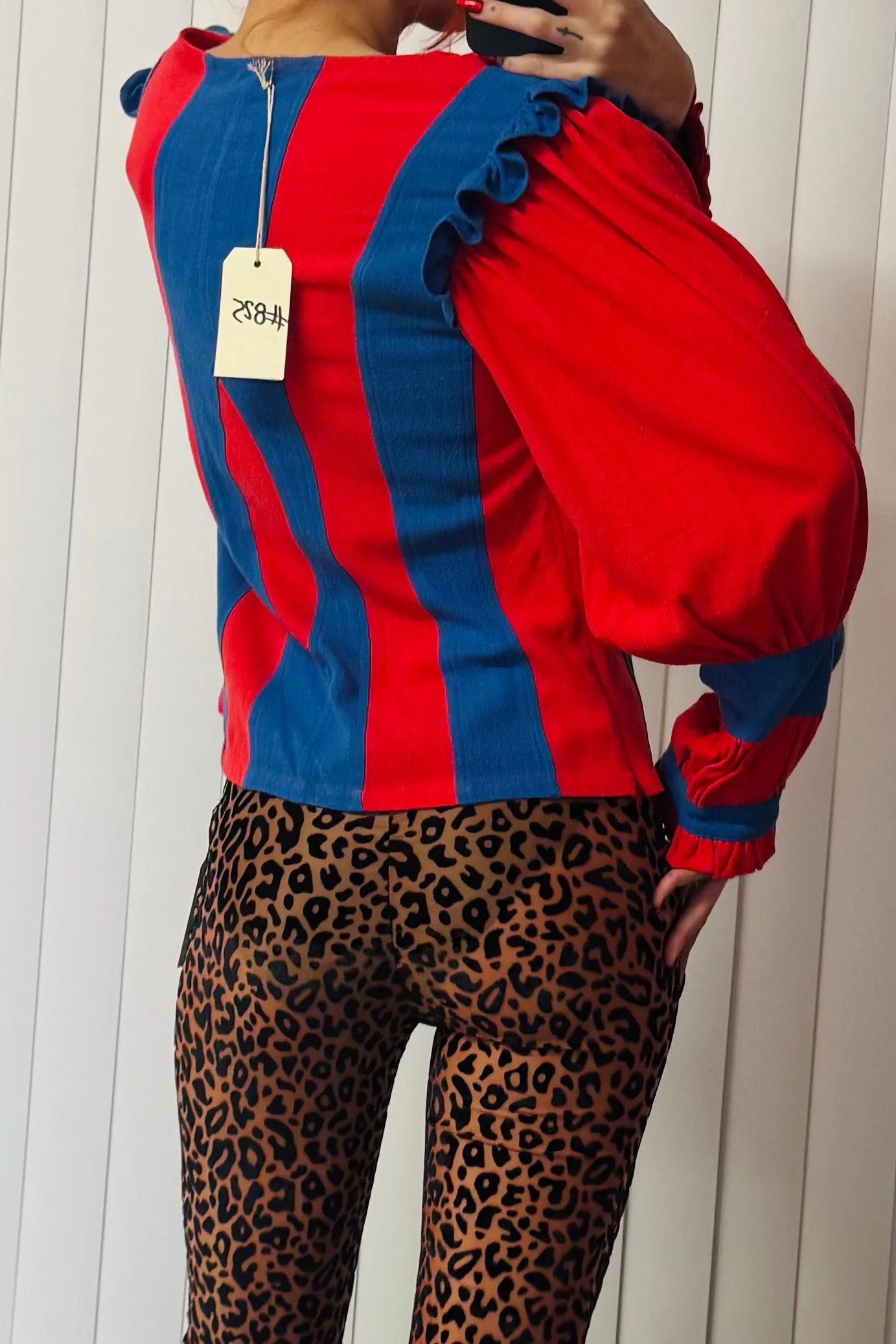 SAMPLE #825 - S Blue and Red Bishop Sleeve Top sold by Fashion Brand Company product image thumbnail 2