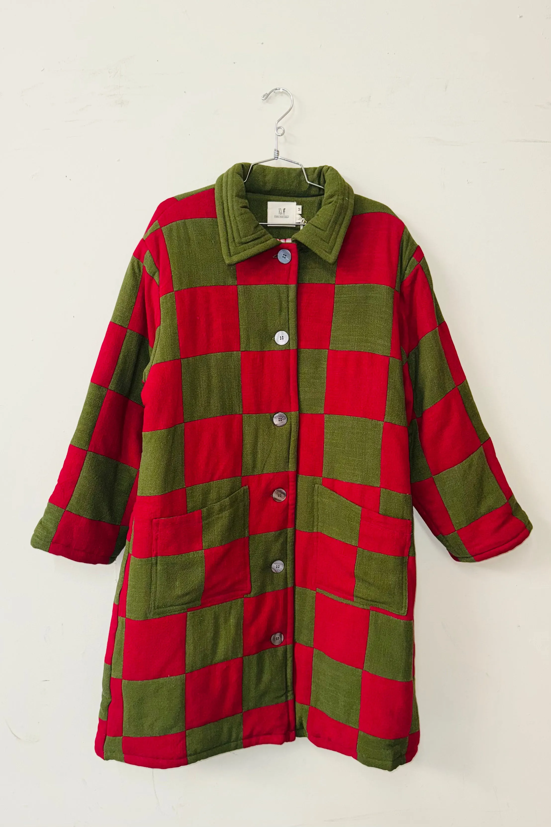 #17 M/L Scrap Chessboard Quilted Coat Moss/Red sold by Fashion Brand Company