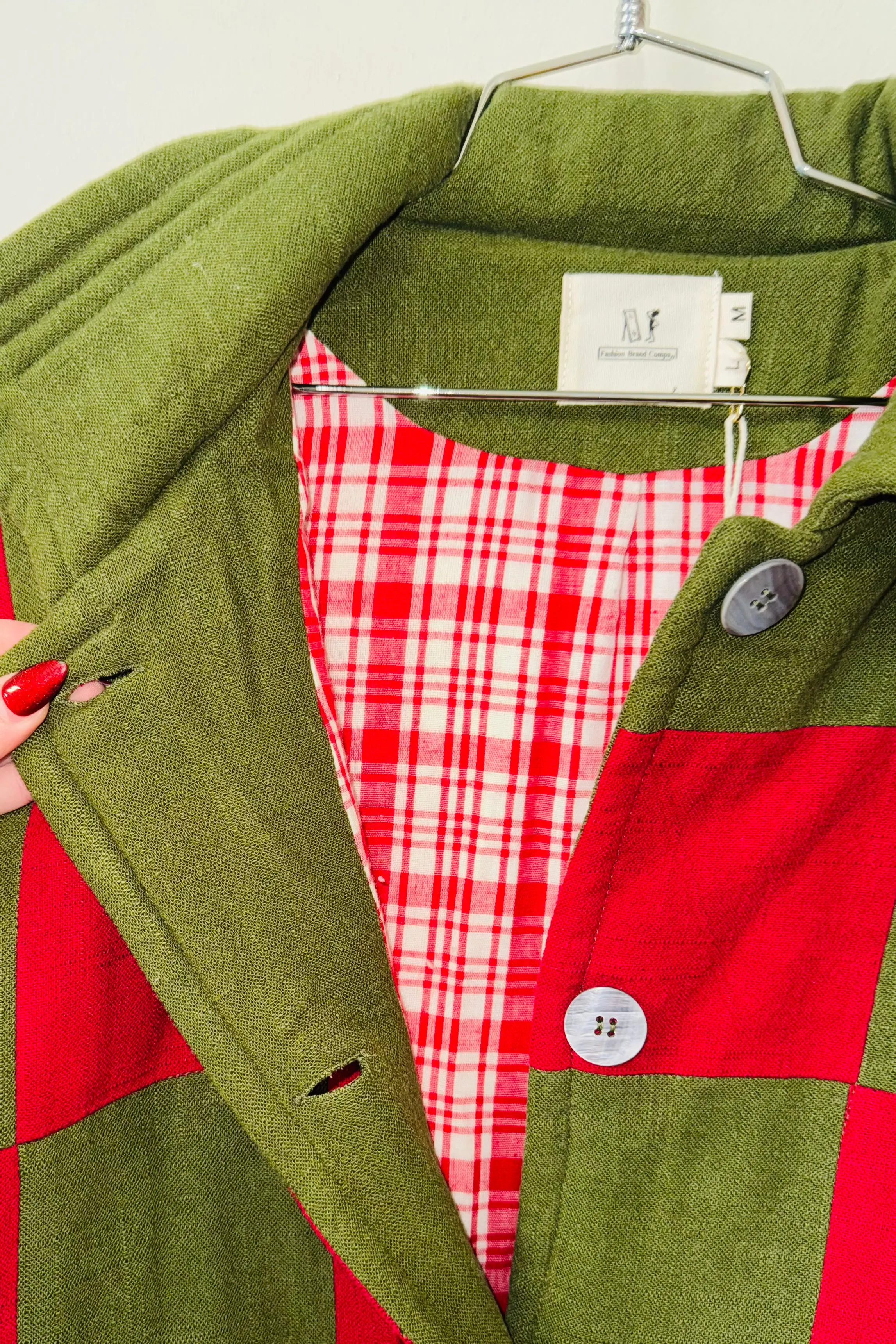 #17 M/L Scrap Chessboard Quilted Coat Moss/Red sold by Fashion Brand Company product image thumbnail 2
