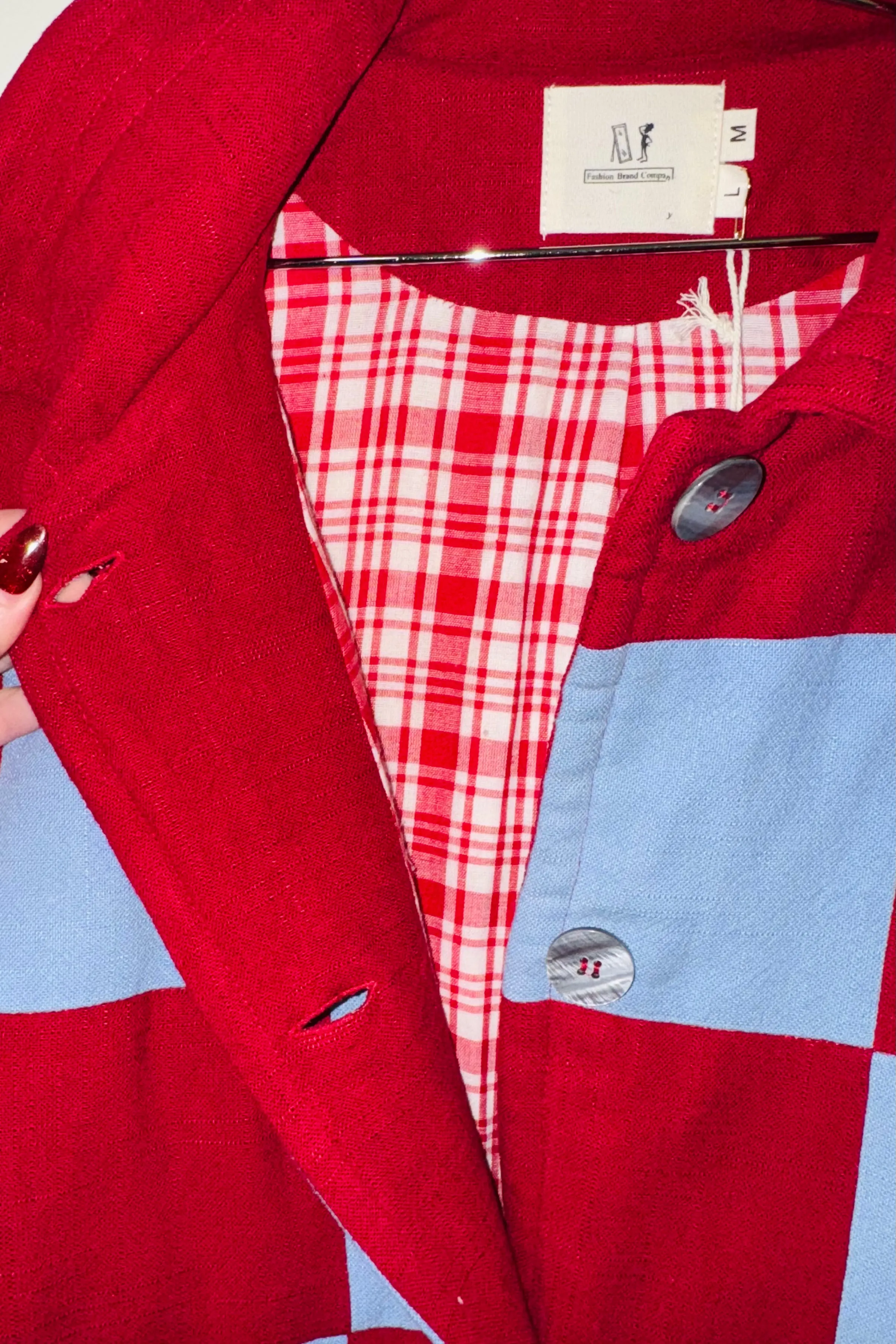 #19 M/L Scrap Chessboard Quilted Coat Burgundy/Blue sold by Fashion Brand Company product image thumbnail 2