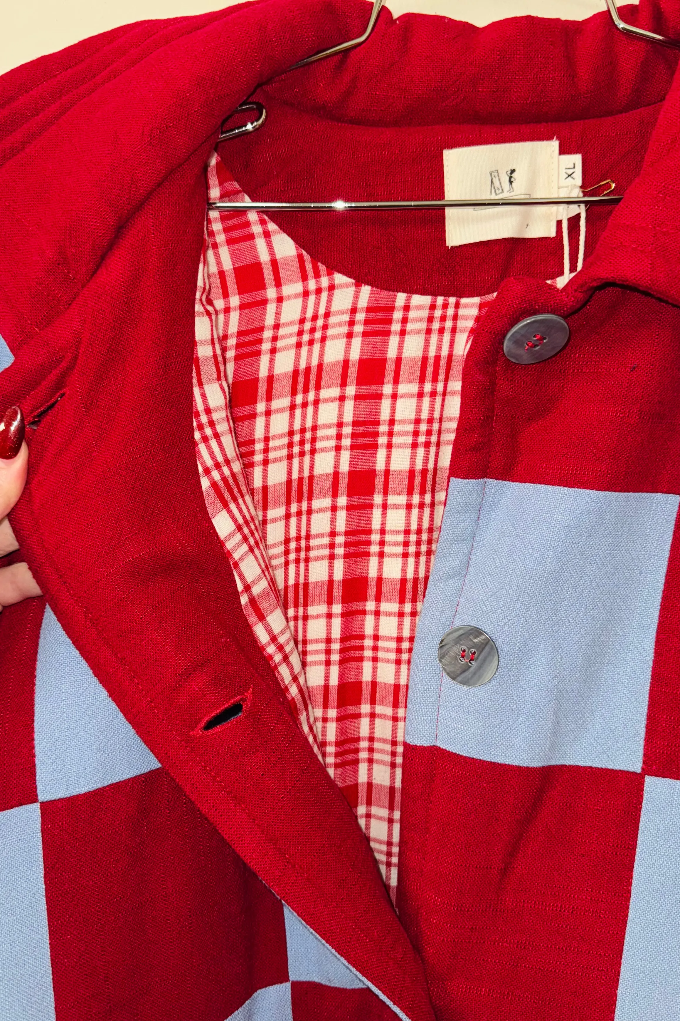 #22 XL/1X Scrap Chessboard Quilted Coat Burgundy/Blue sold by Fashion Brand Company product image thumbnail 2