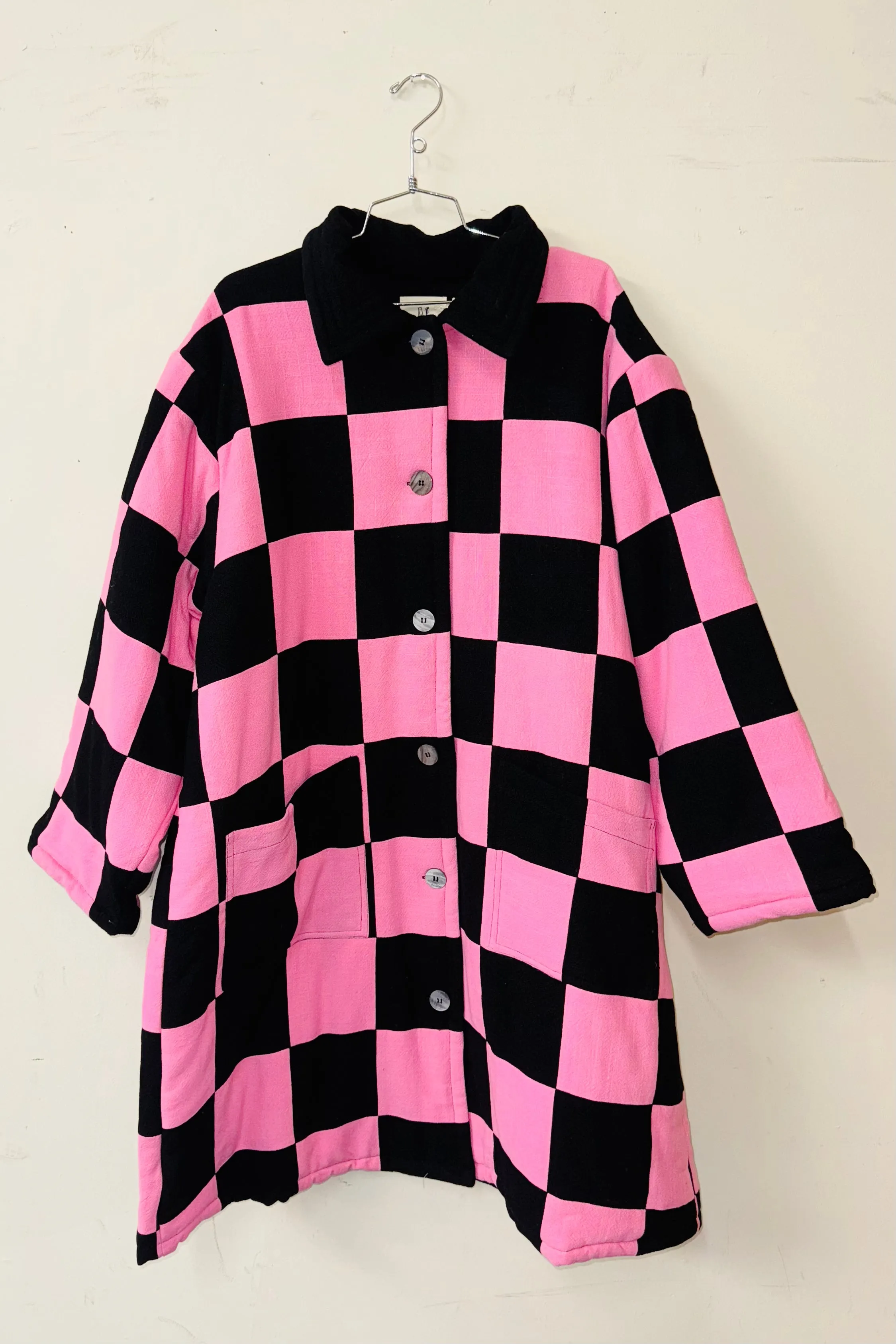 #24 XL/1X Scrap Chessboard Quilted Coat Pink/Black sold by Fashion Brand Company