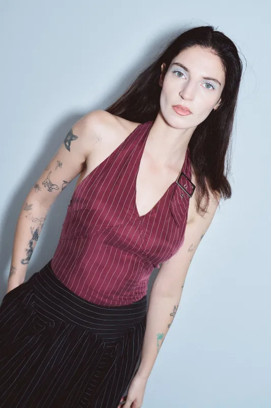 Buckle Halter Top Tencel Stripe Maroon made by Fashion Brand Company