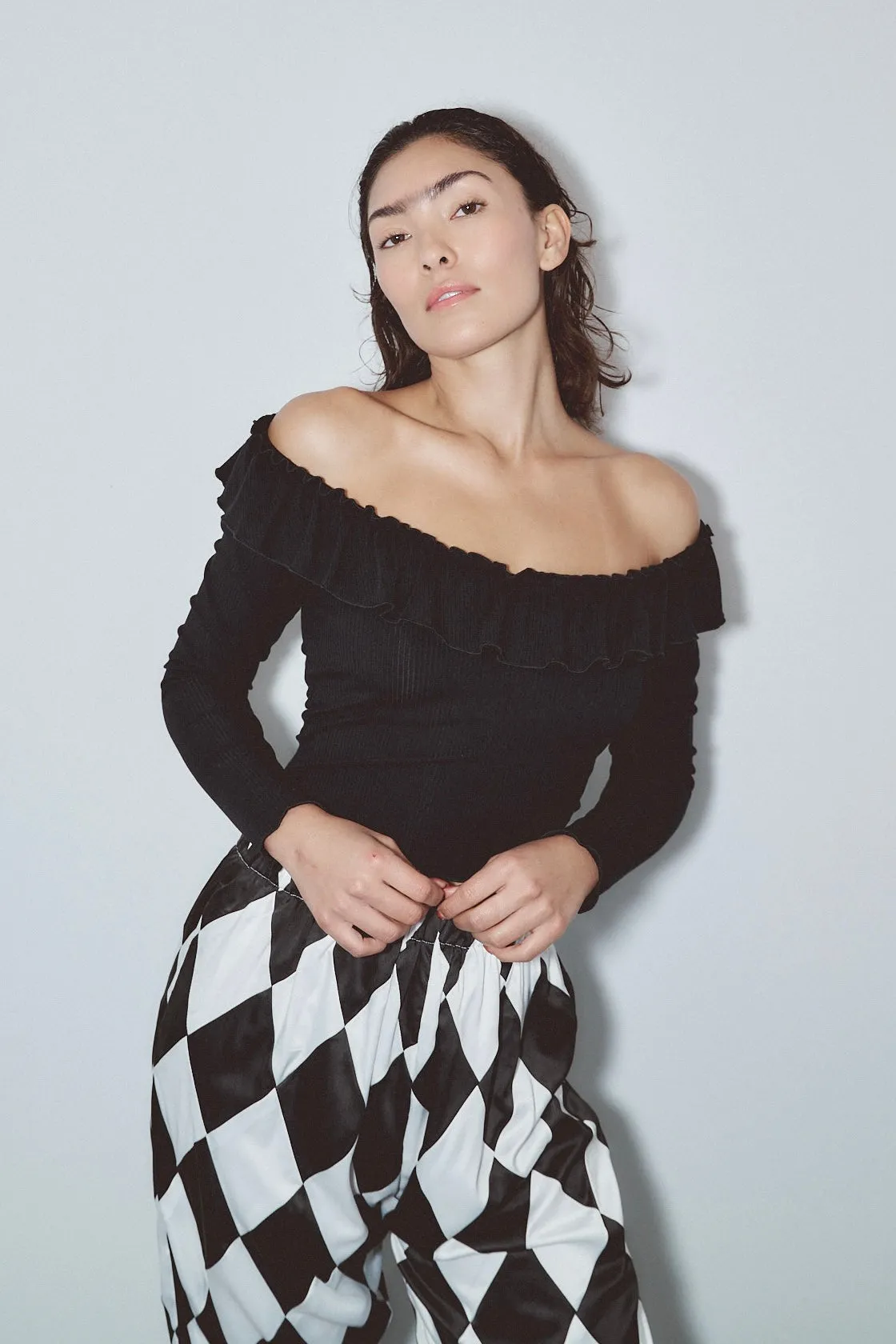 Ruffled Scoop Neck Tencel Rib Long Sleeve Top Black sold by Fashion Brand Company product image thumbnail 2