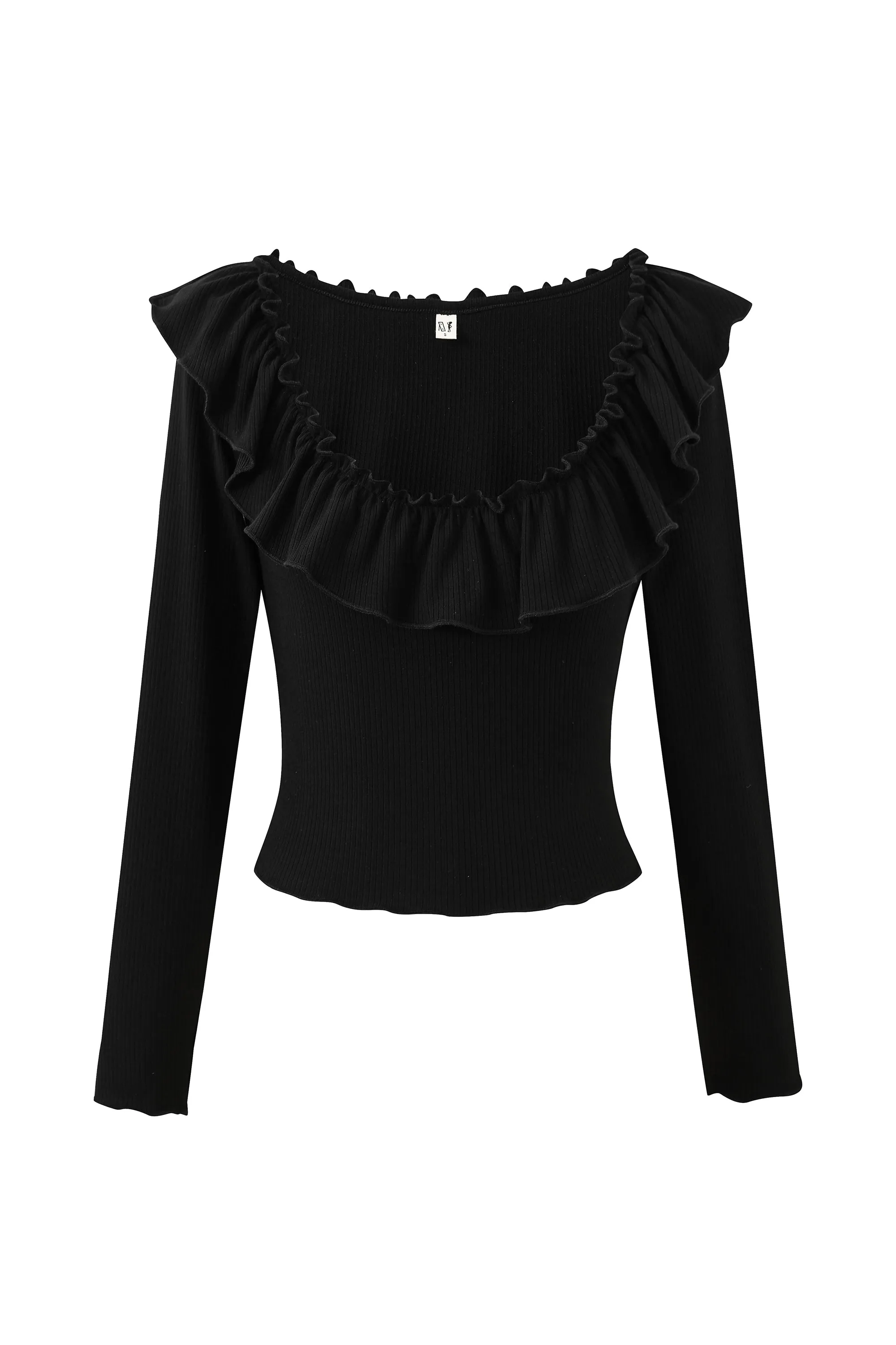 Ruffled Scoop Neck Tencel Rib Long Sleeve Top Black sold by Fashion Brand Company product image thumbnail 3